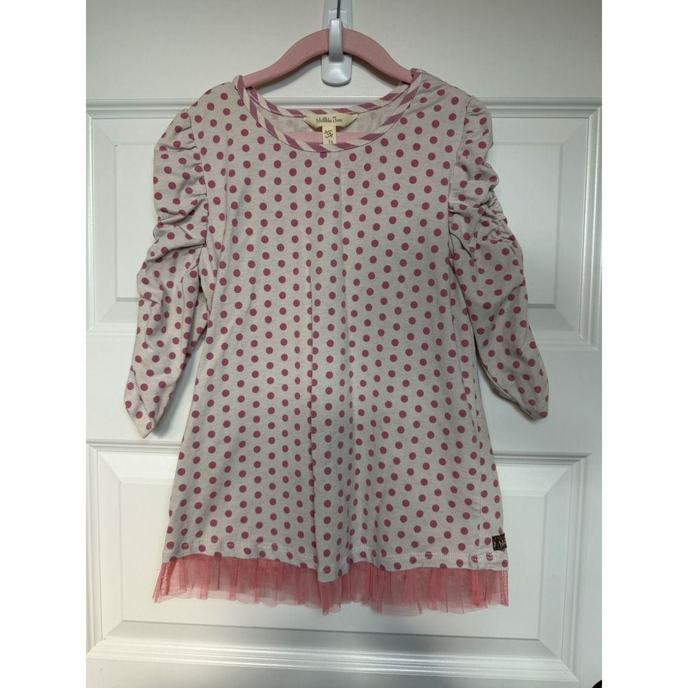 14.Matilda Jane Girls Pink Polka Dot Ruched Sleeve Tulle Ruffle Top Size 10